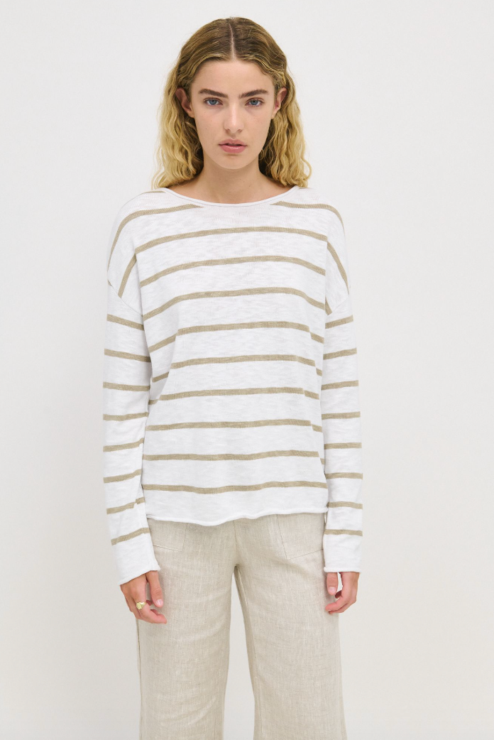 Minnie Stripe Top - Khaki & White