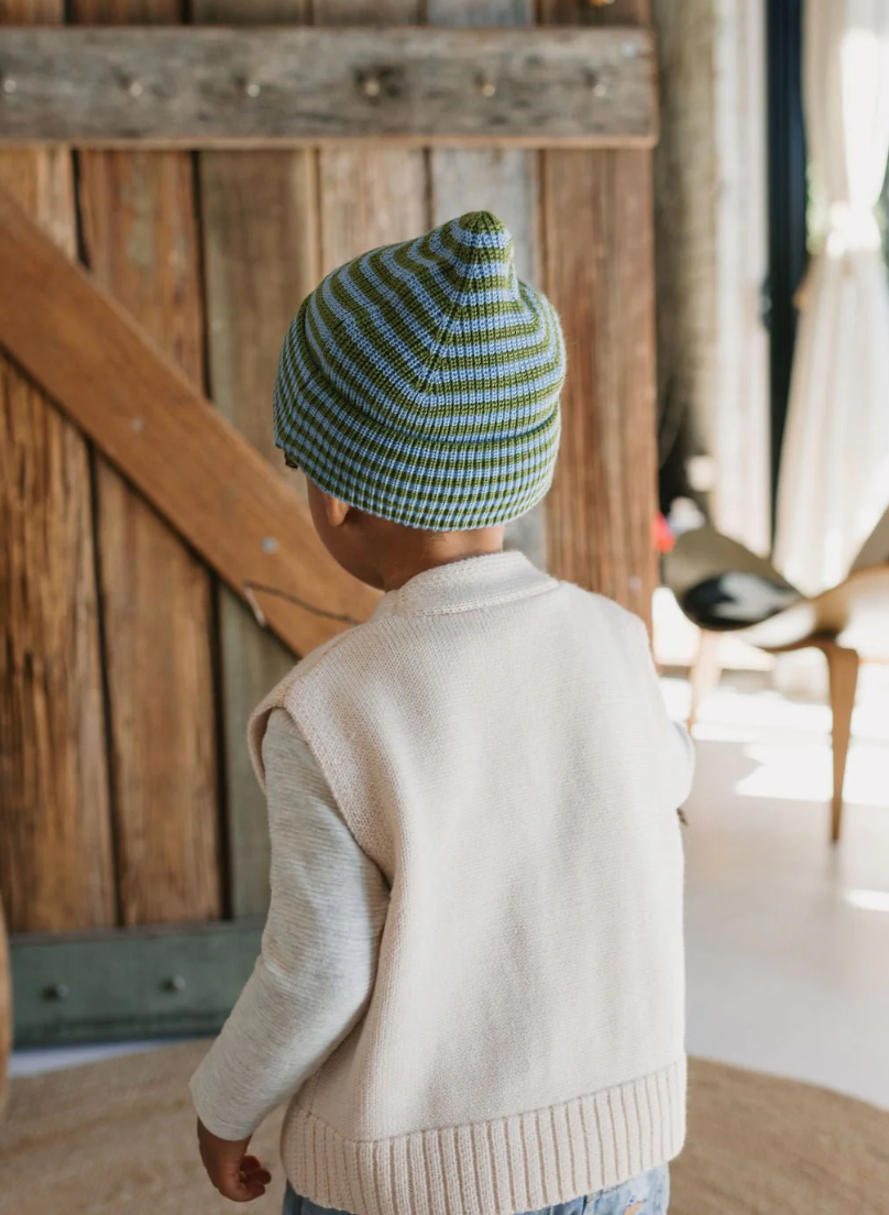 Berlin Merino Beanie - Green & Blue Stripe