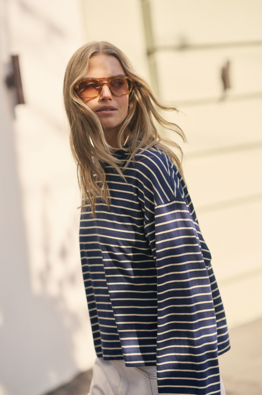 Beau Long Sleeve Slouchy Tee - Heritage Navy/Marshmallow Stripe