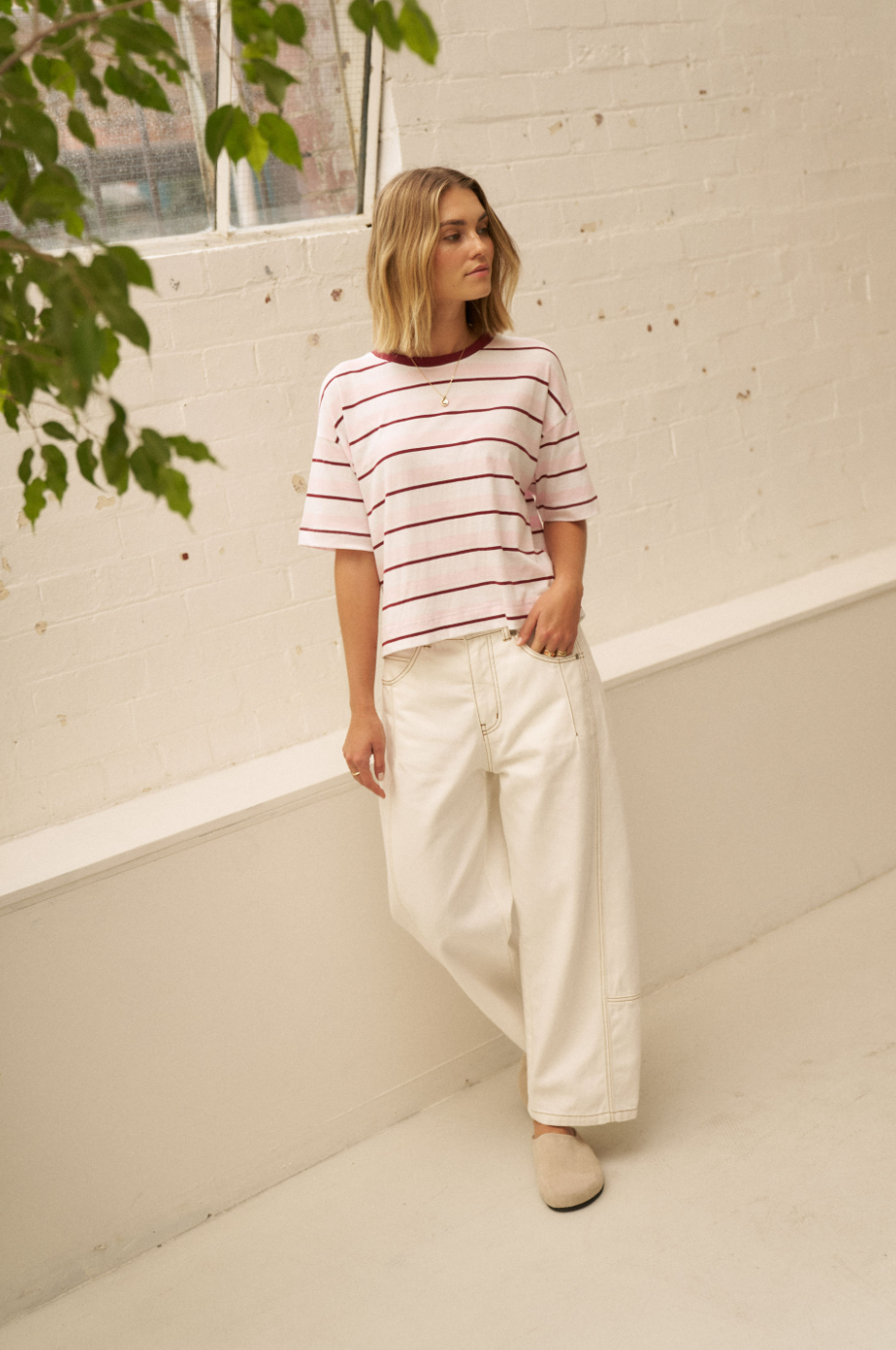 Brea Boxy Tee - Sunfaded Pink/Mulburry Stripe