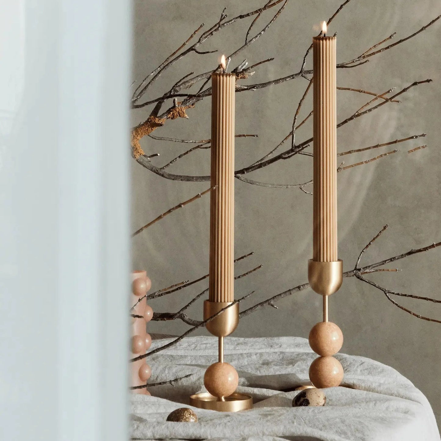 Beaded Fountain Brass Candle Holder - Coral