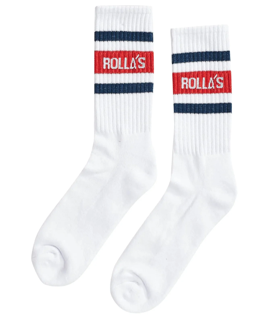 Rollas Logo Sock - White Red & Blue Stripe