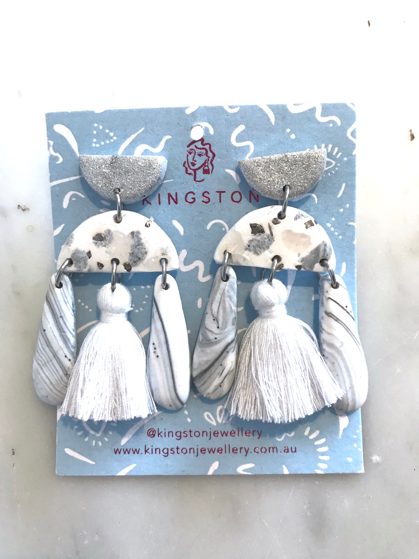 Silver Sparkle and Grey Marble Pom Pom Earrings