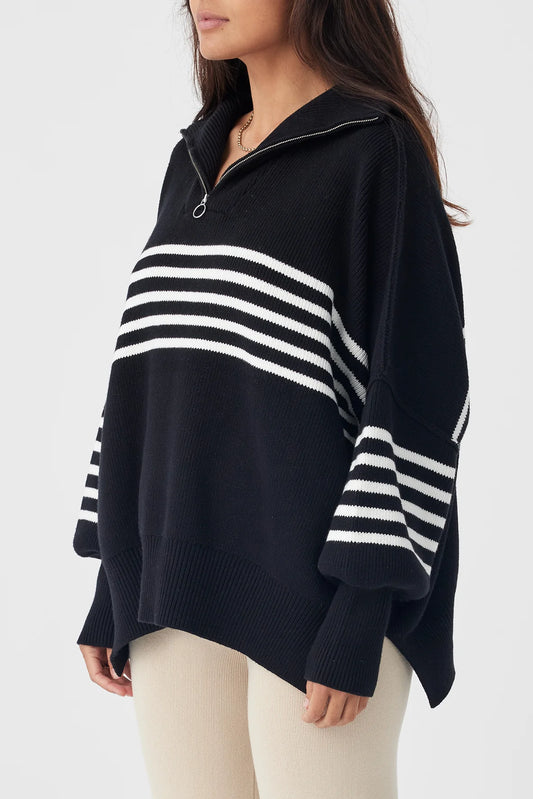 London Zip Stripe Sweater - Black & Cream