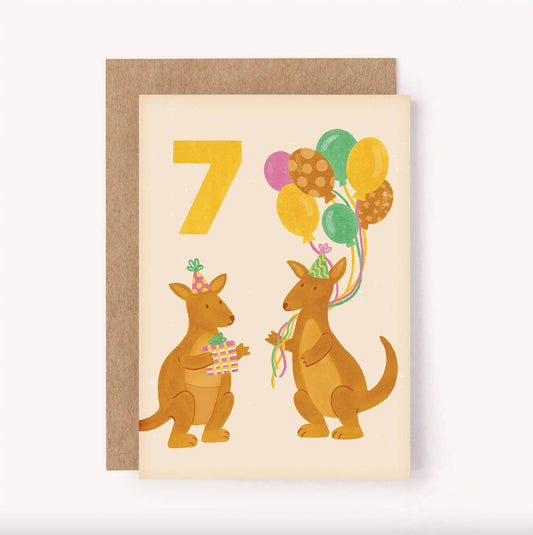 Age 7 Kangaroo Birthday Card - Kids Cute Milestone Australia