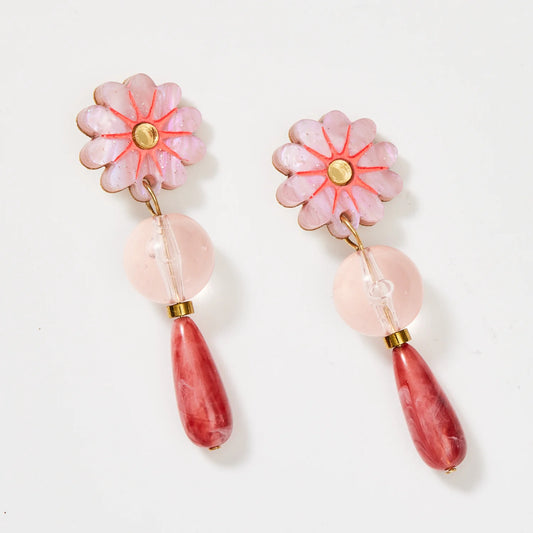 Ivy Drop Earrings - Pink / Gold - Clip-On or Pierced Ear Backing