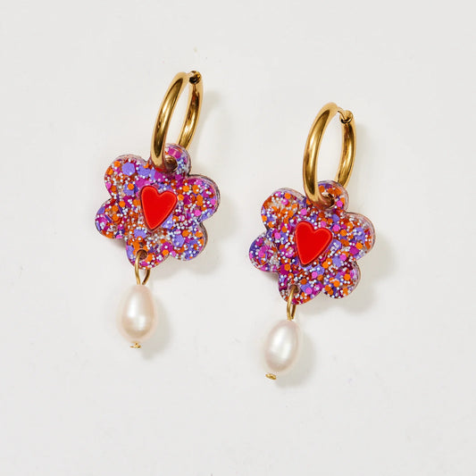 Heart Flower + Pearl Earrings - Purple Orange