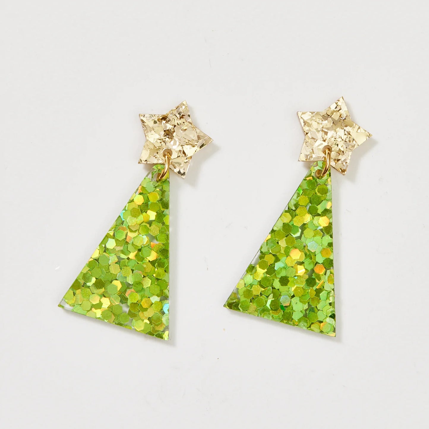 Christmas Tree Earrings - Gold / Spring Green Glitter