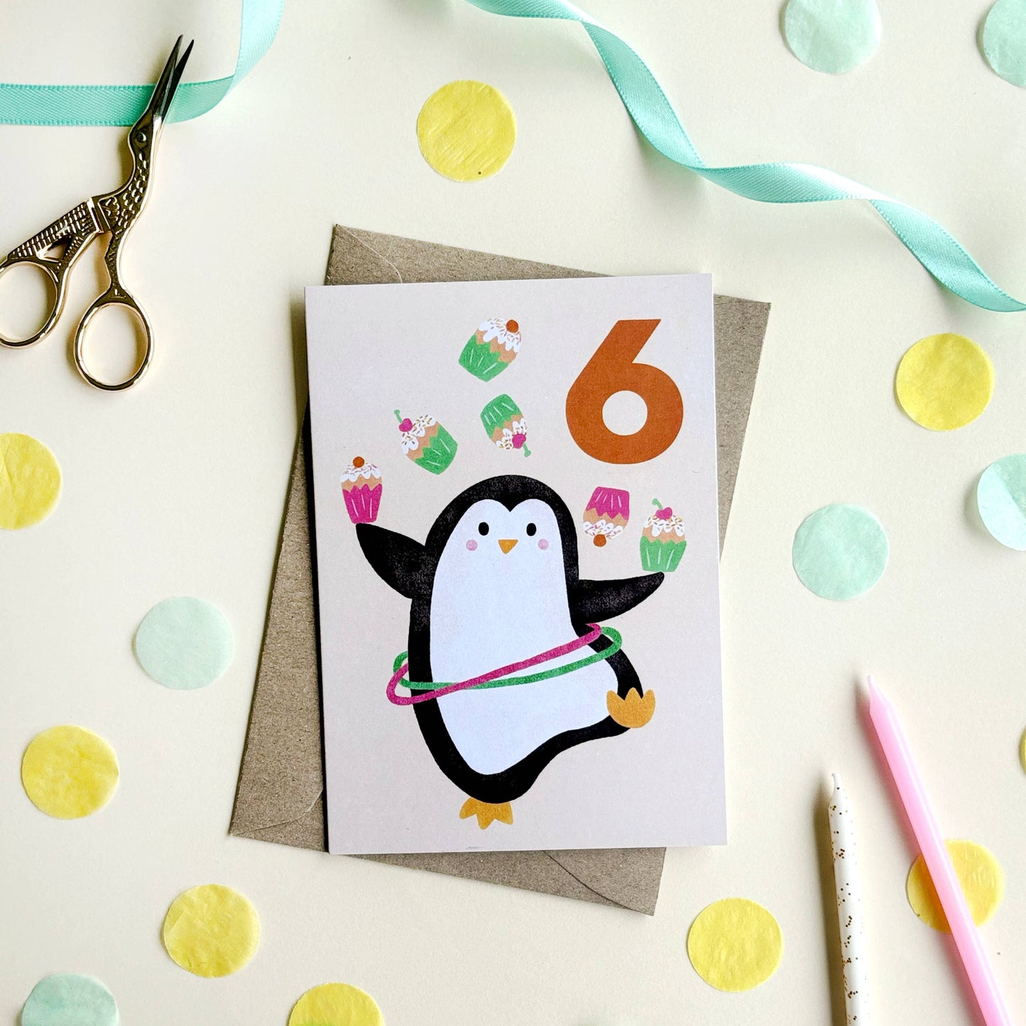Age 6 Penguin Birthday Card - Kids Cute 6th Milestone