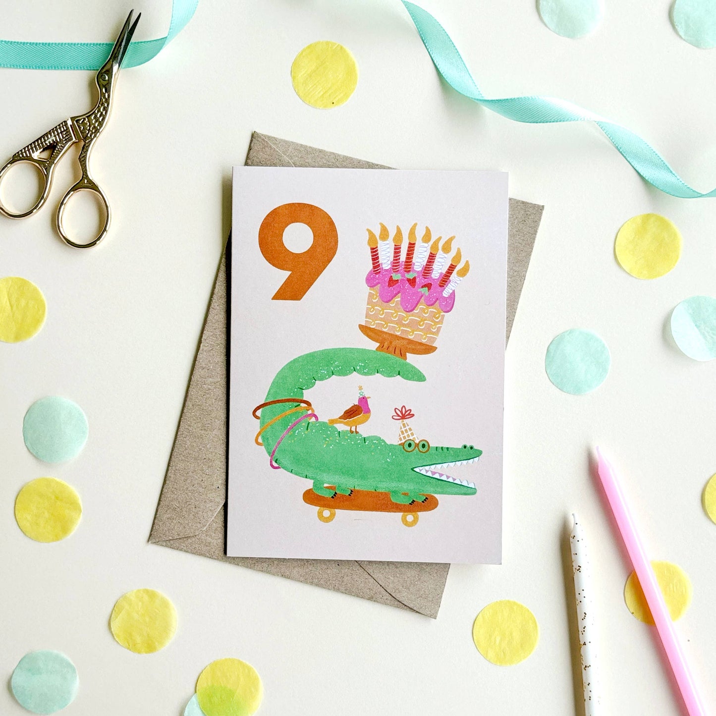 Age 9 Crocodile Birthday Card - Kids Cute 9th Milestone