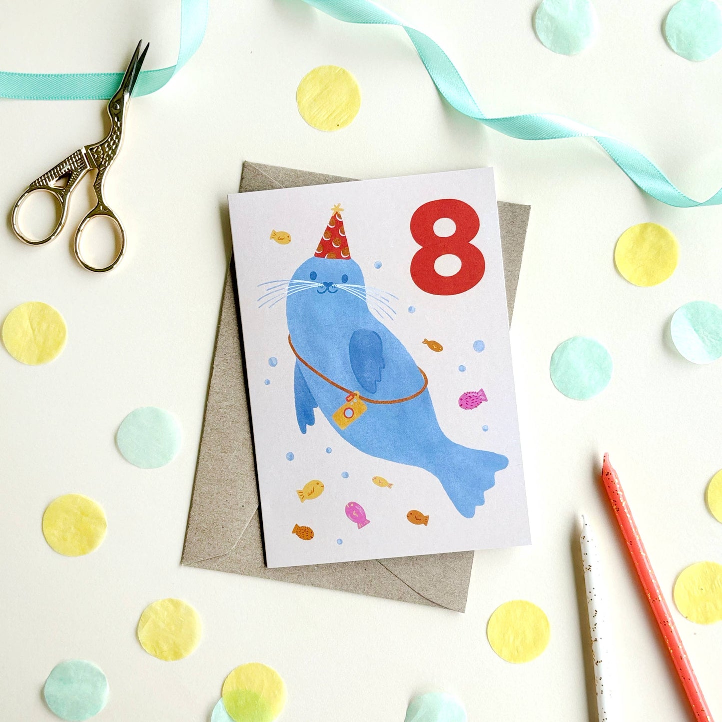 Age 8 Seal Birthday Card - Kids Cute 8th Milestone Party