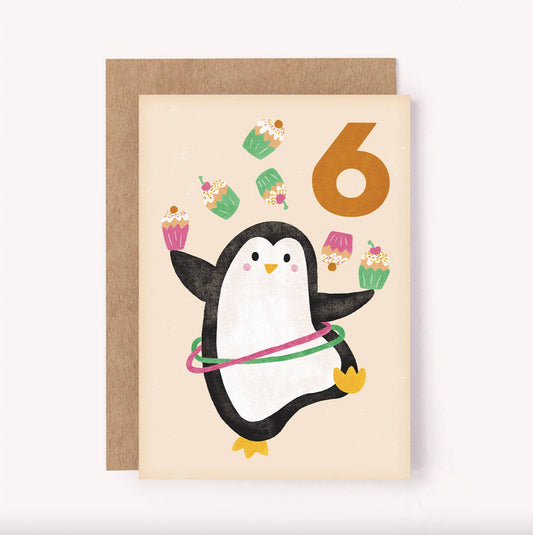 Age 6 Penguin Birthday Card - Kids Cute 6th Milestone