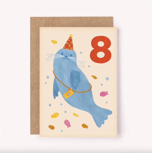 Age 8 Seal Birthday Card - Kids Cute 8th Milestone Party