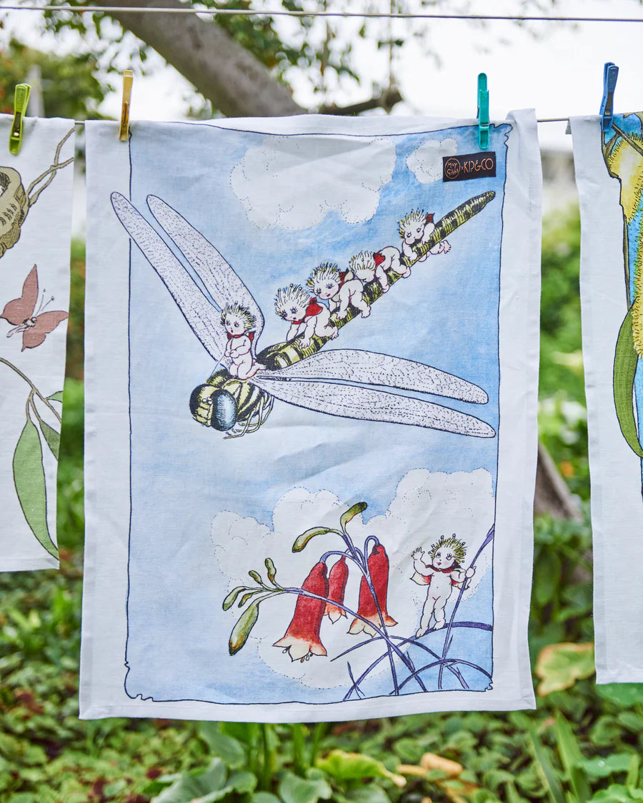 May Gibbs - Dragonfly Express Linen Tea Towel