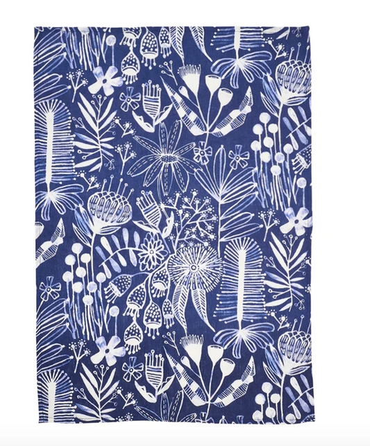 Linen Tea Towel - Navy Natives