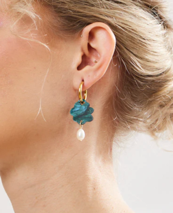 Cloud and Pearl Earrings - Emerald