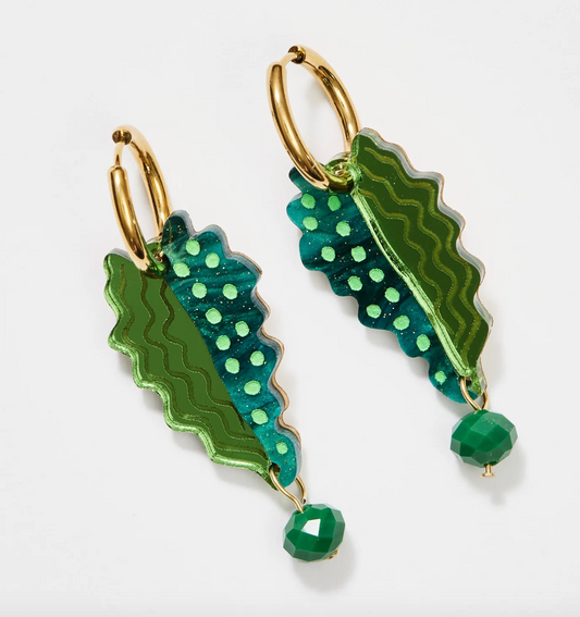 Leaf & Bead Earrings - Fern Green