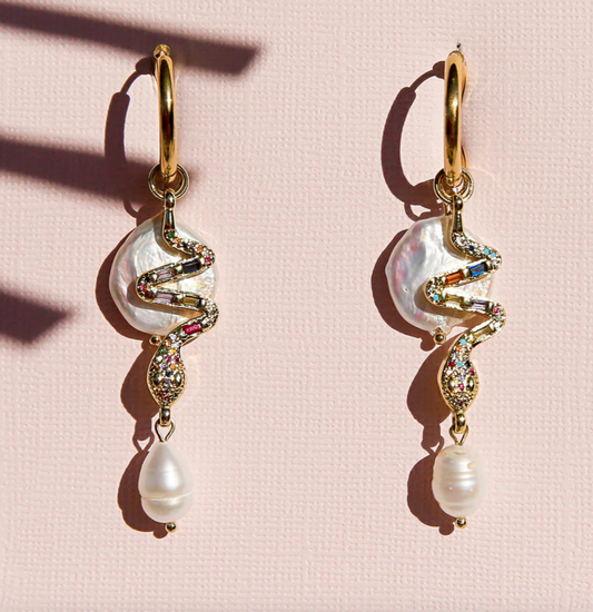 Snake Pearl Huggie Hoops