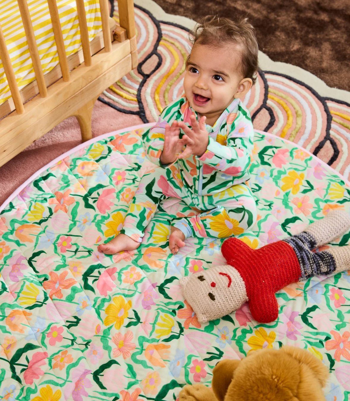 Popping Flowers Green - Quilted Baby Play Mat