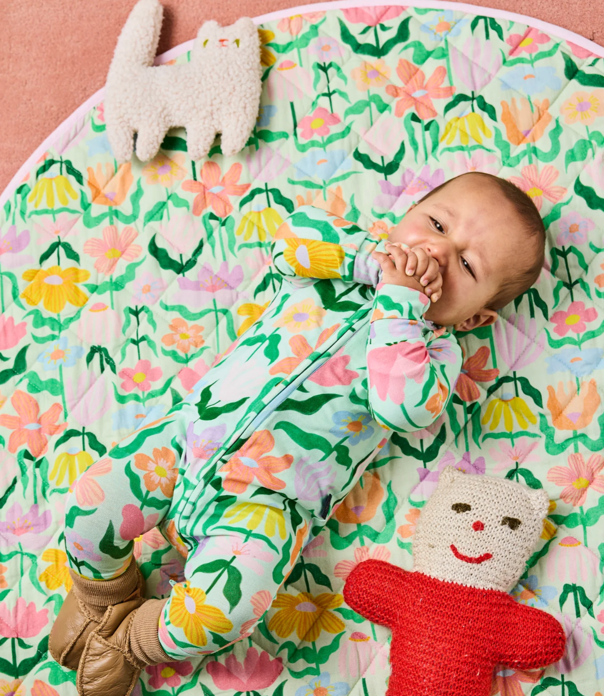 Popping Flowers Green - Quilted Baby Play Mat