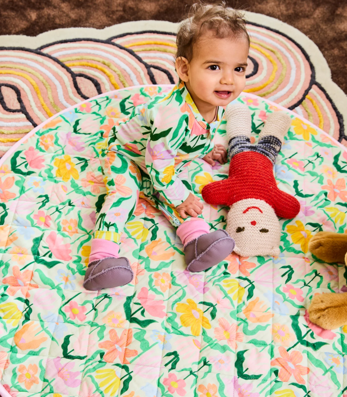 Popping Flowers Green - Quilted Baby Play Mat