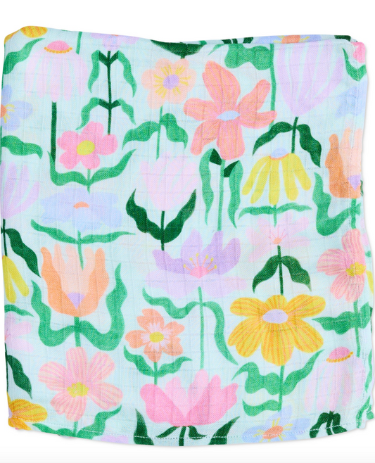 Popping Flowers Green Bamboo Swaddle