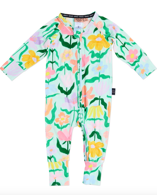 Popping Flowers Green Organic Long Sleeve Zip Romper