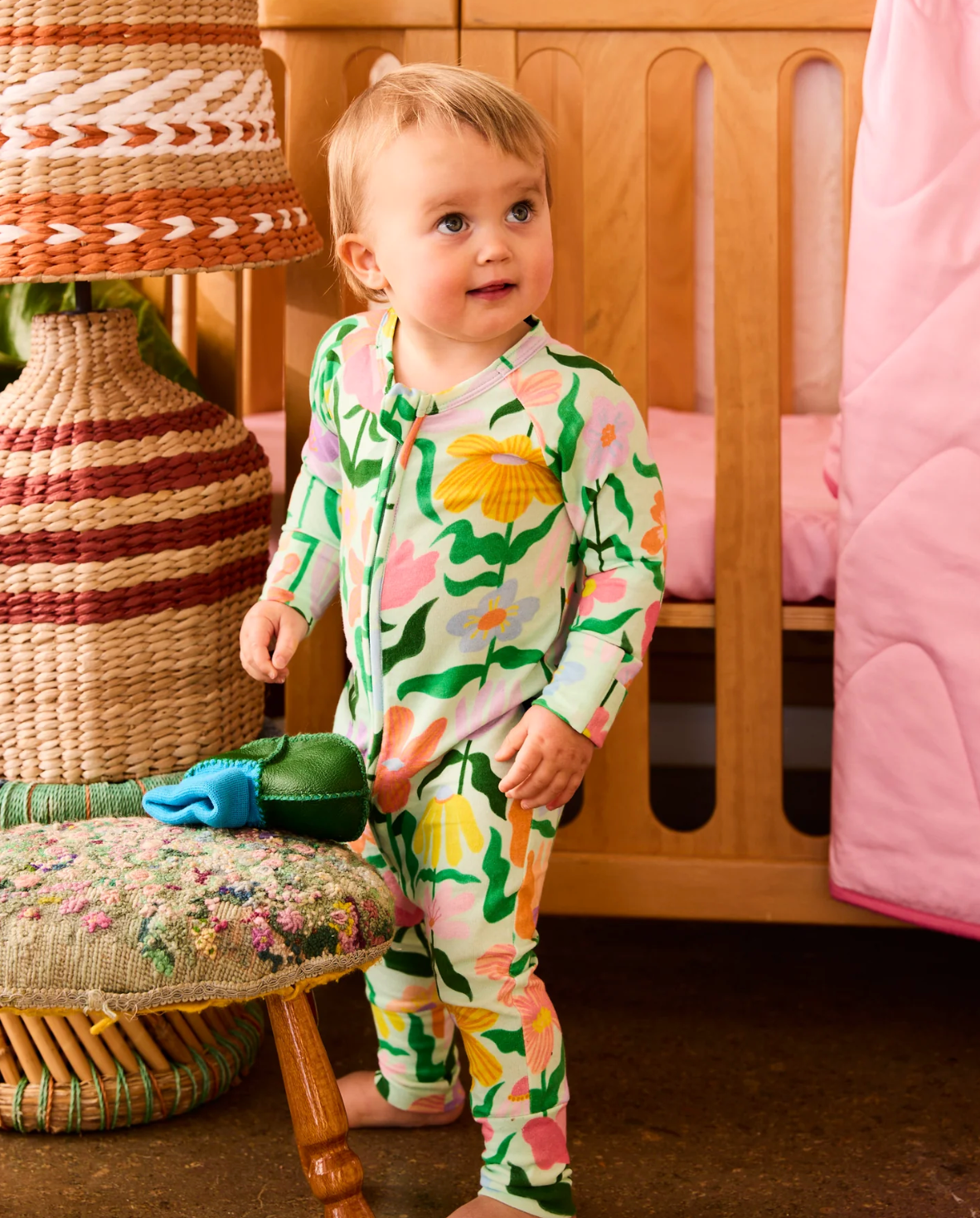 Popping Flowers Green Organic Long Sleeve Zip Romper