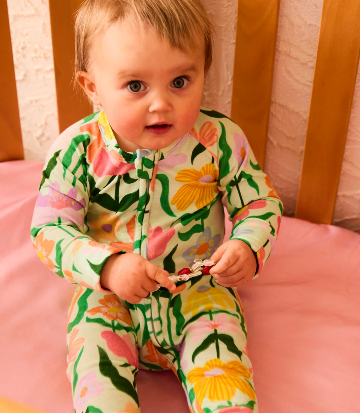 Popping Flowers Green Organic Long Sleeve Zip Romper