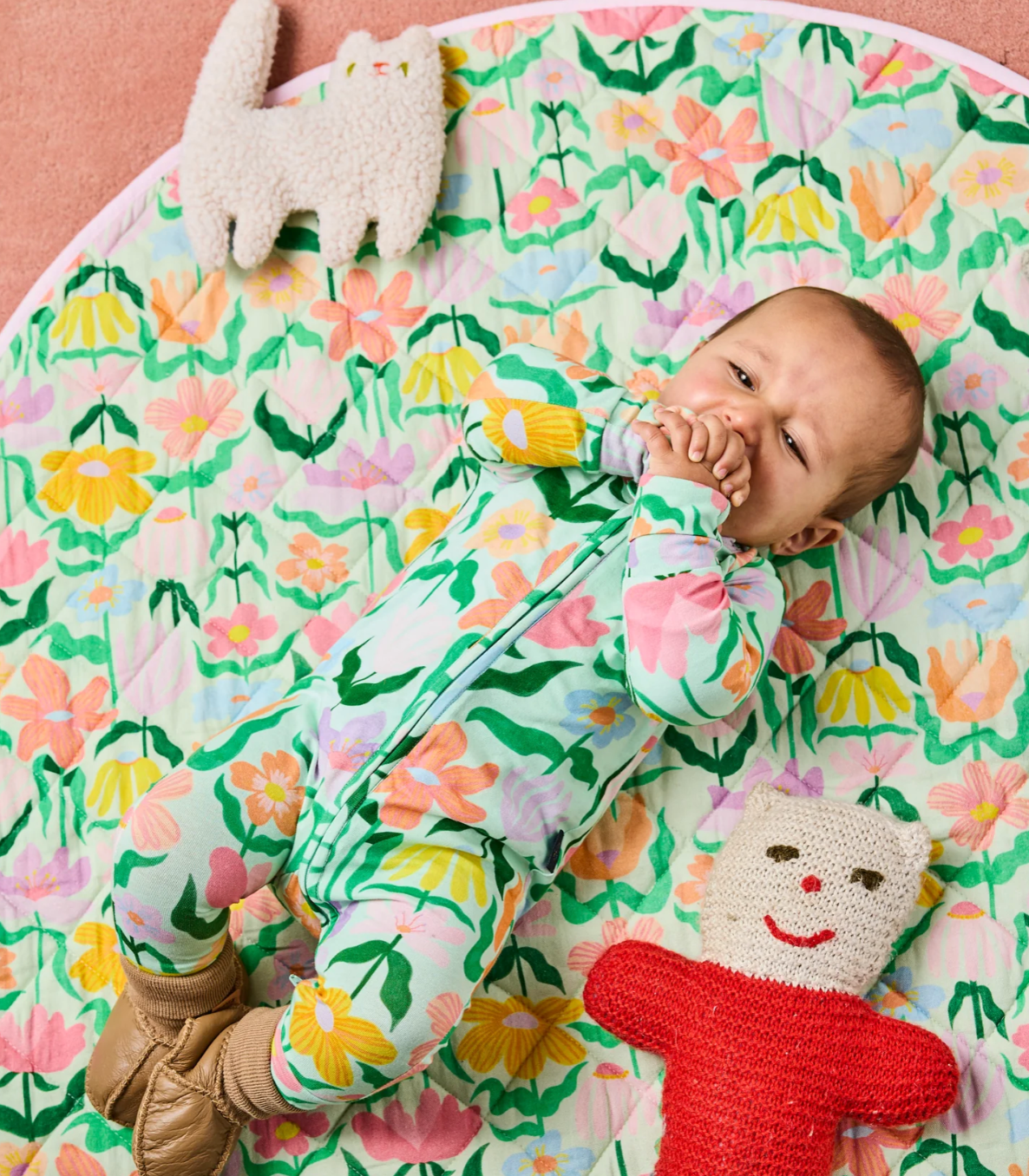 Popping Flowers Green Organic Long Sleeve Zip Romper