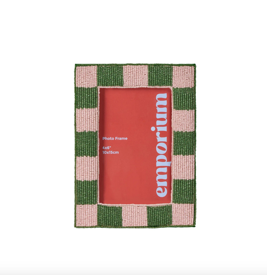 Ruby Beaded Check Photo Frame - Pink & Green