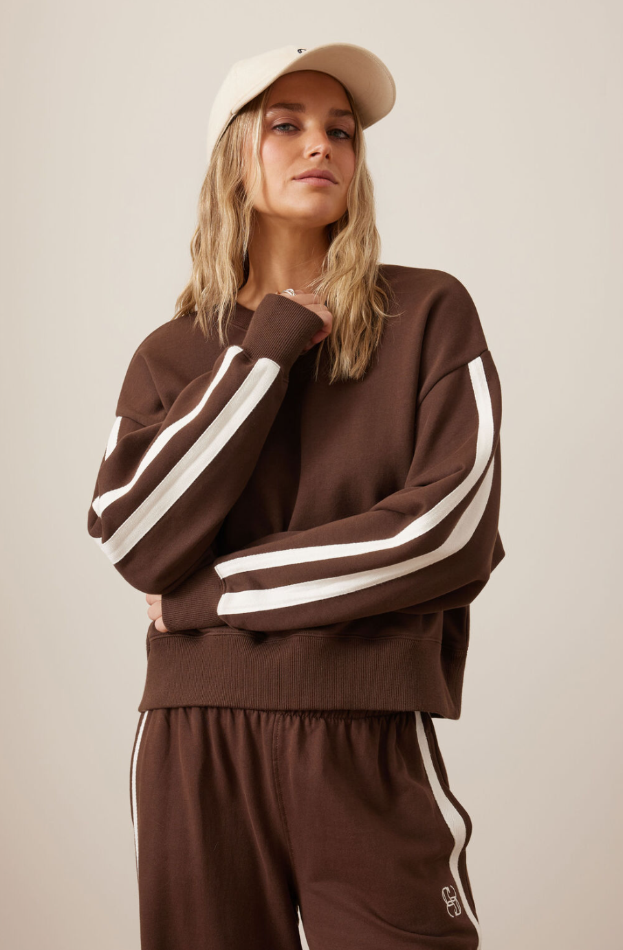 Sasha Sporty Slouchy Crew - Chocolate Side Stripe