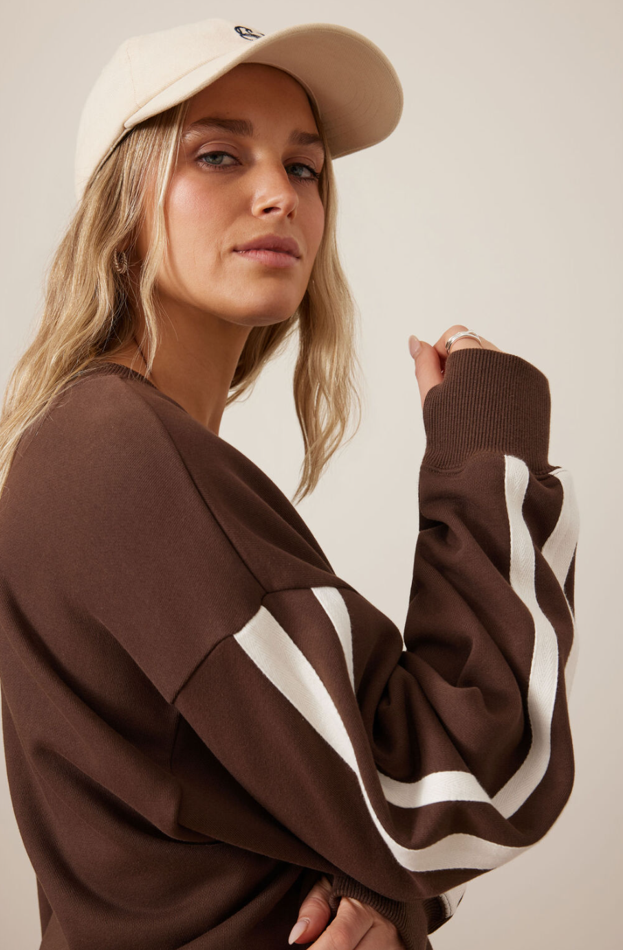 Sasha Sporty Slouchy Crew - Chocolate Side Stripe