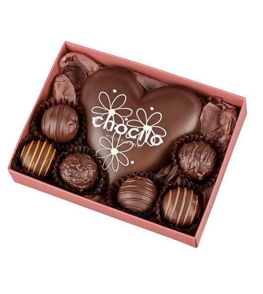 "Flower Design" Dark Chocolate Heart with 6 Dark Truffles Gift Box - 110g