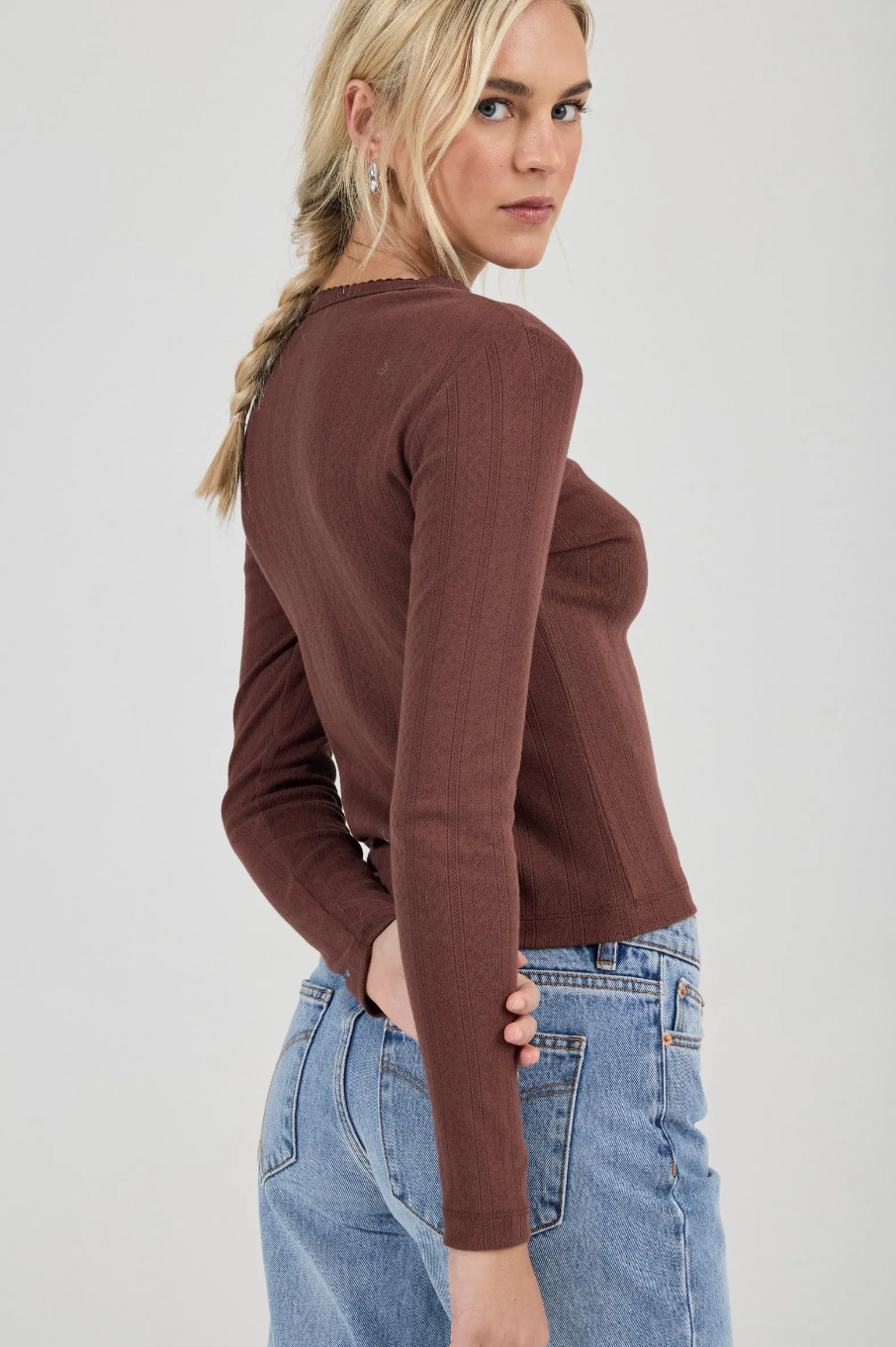 Pointelle Classic Long Sleeve Top - Chocolate