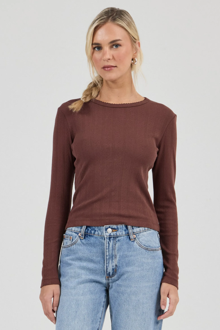 Pointelle Classic Long Sleeve Top - Chocolate