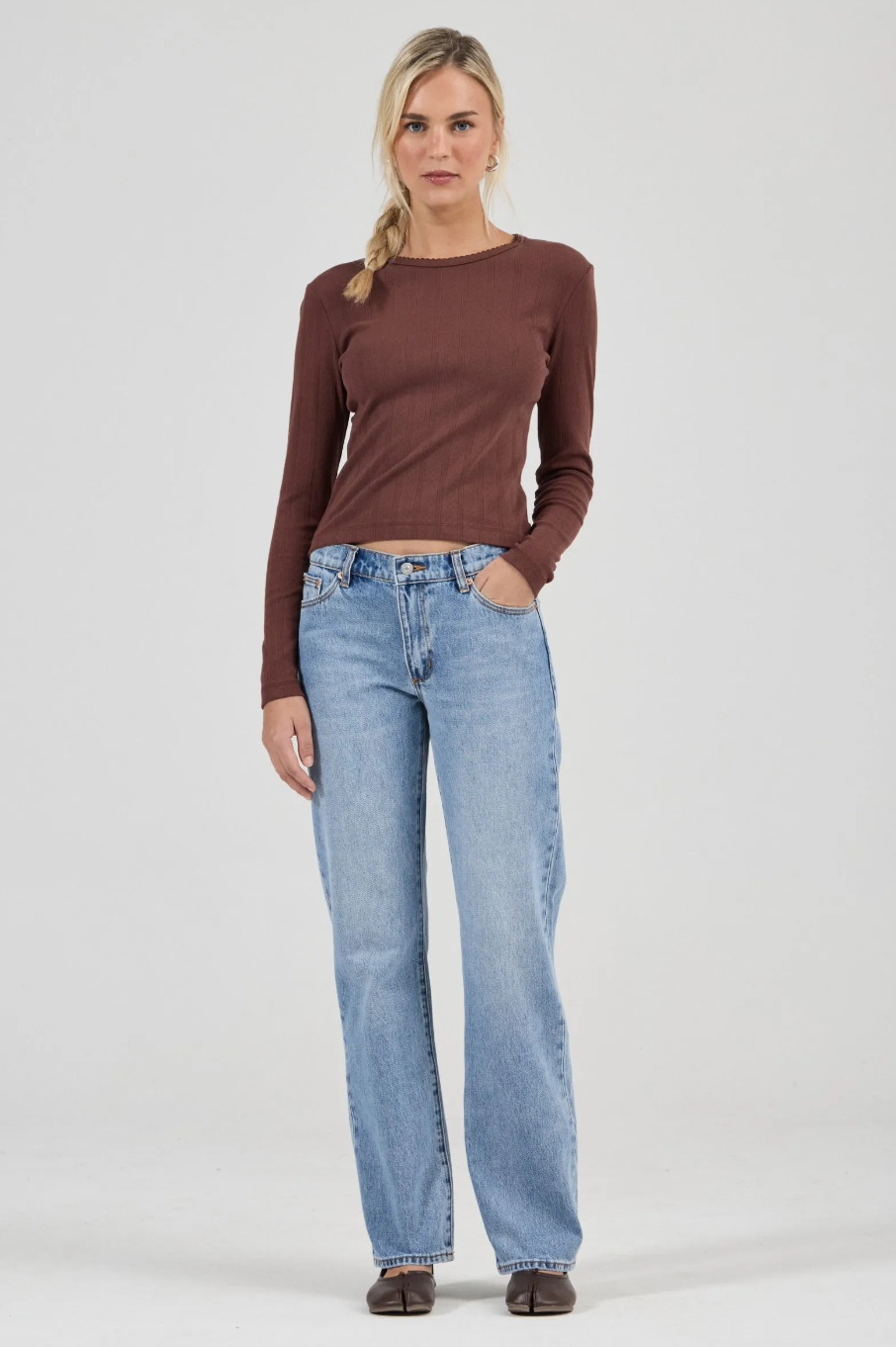 Pointelle Classic Long Sleeve Top - Chocolate