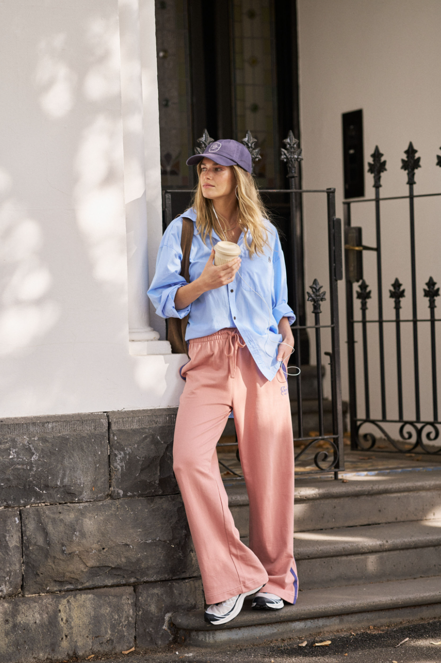 Gigi Wide Leg Terry Trackpant - Pink Clay and Navy