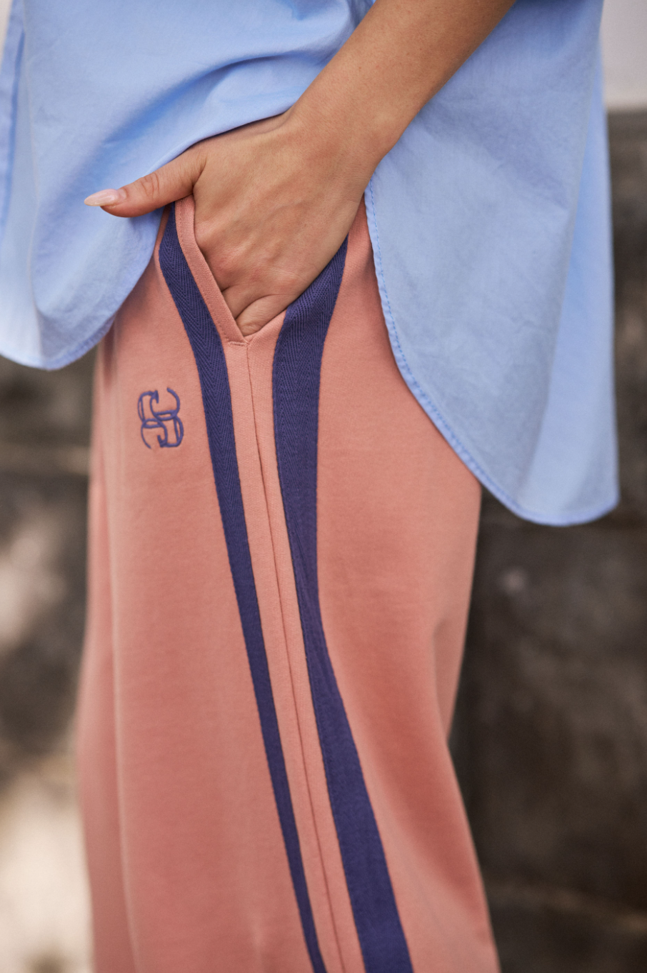 Gigi Wide Leg Terry Trackpant - Pink Clay and Navy