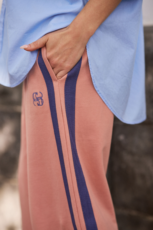 Gigi Wide Leg Terry Trackpant - Pink Clay and Navy