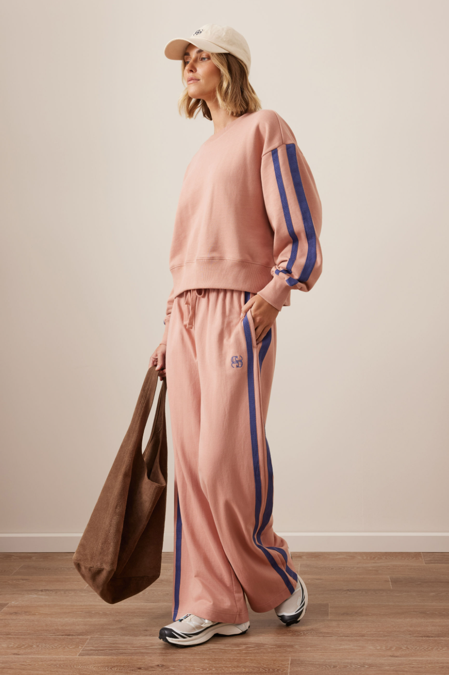 Gigi Wide Leg Terry Trackpant - Pink Clay and Navy