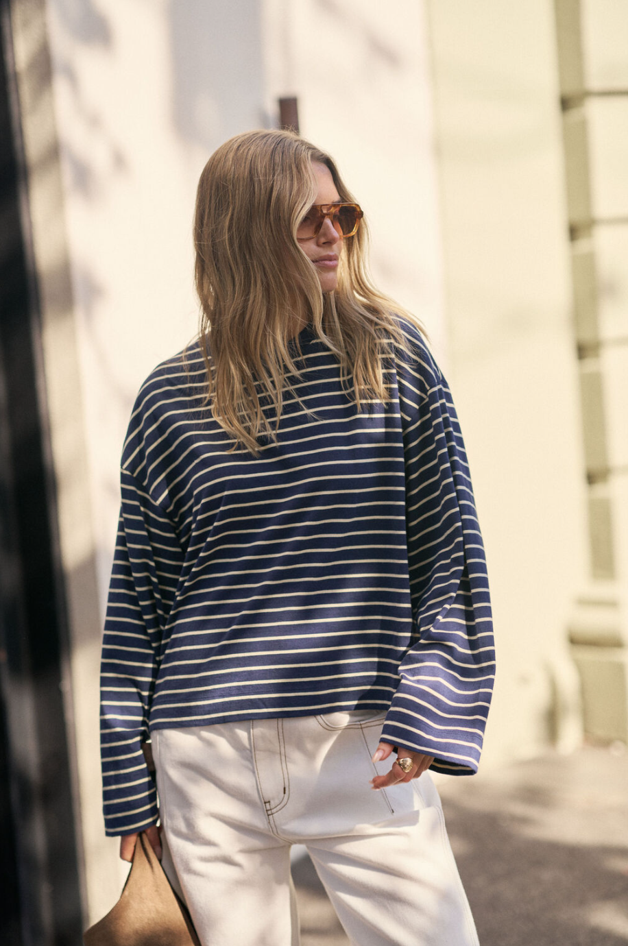 Beau Long Sleeve Slouchy Tee - Heritage Navy/Marshmallow Stripe