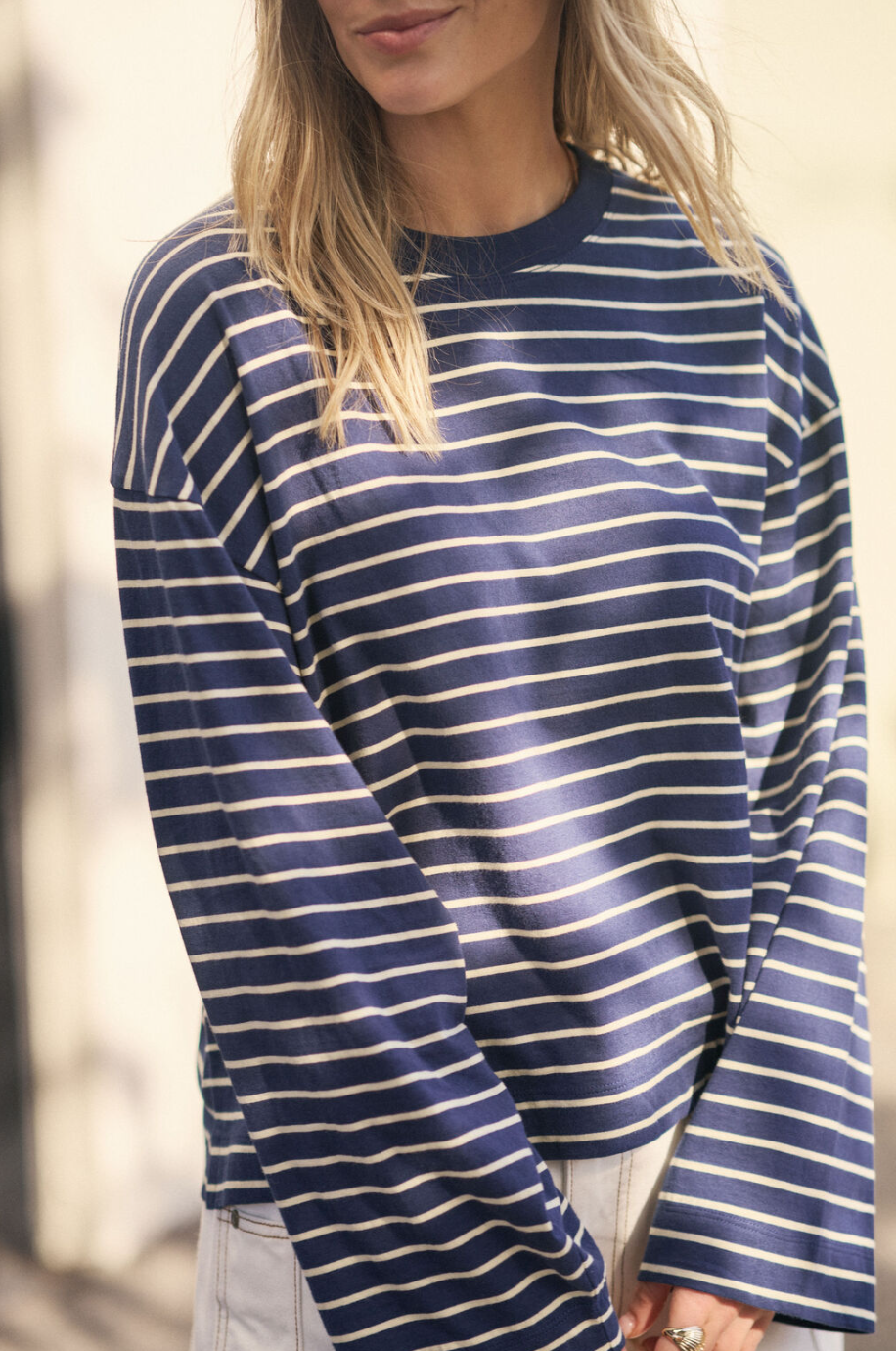 Beau Long Sleeve Slouchy Tee - Heritage Navy/Marshmallow Stripe