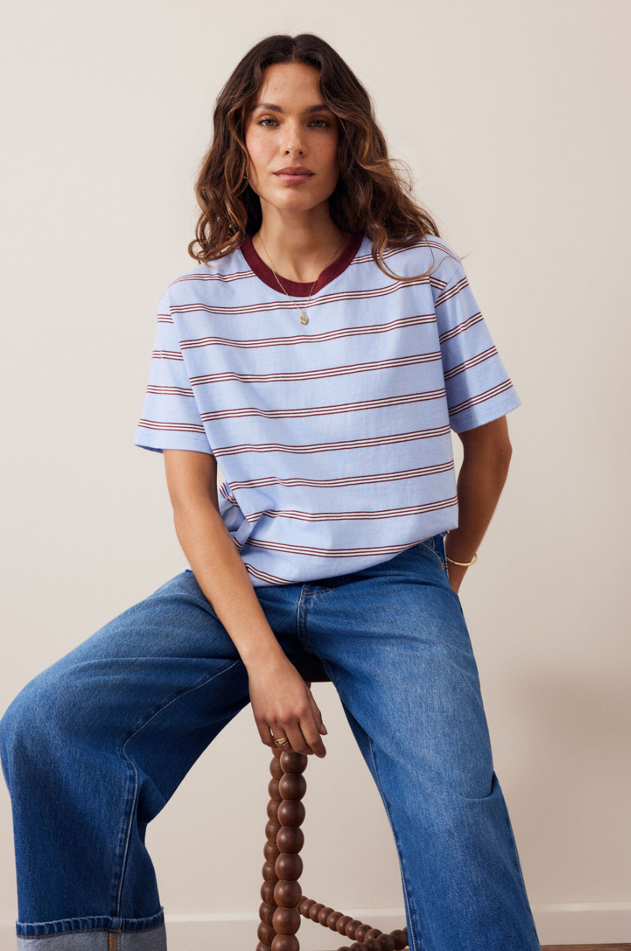 Stevie Slouchy Tee - China Blue/Mulburry White Stripe