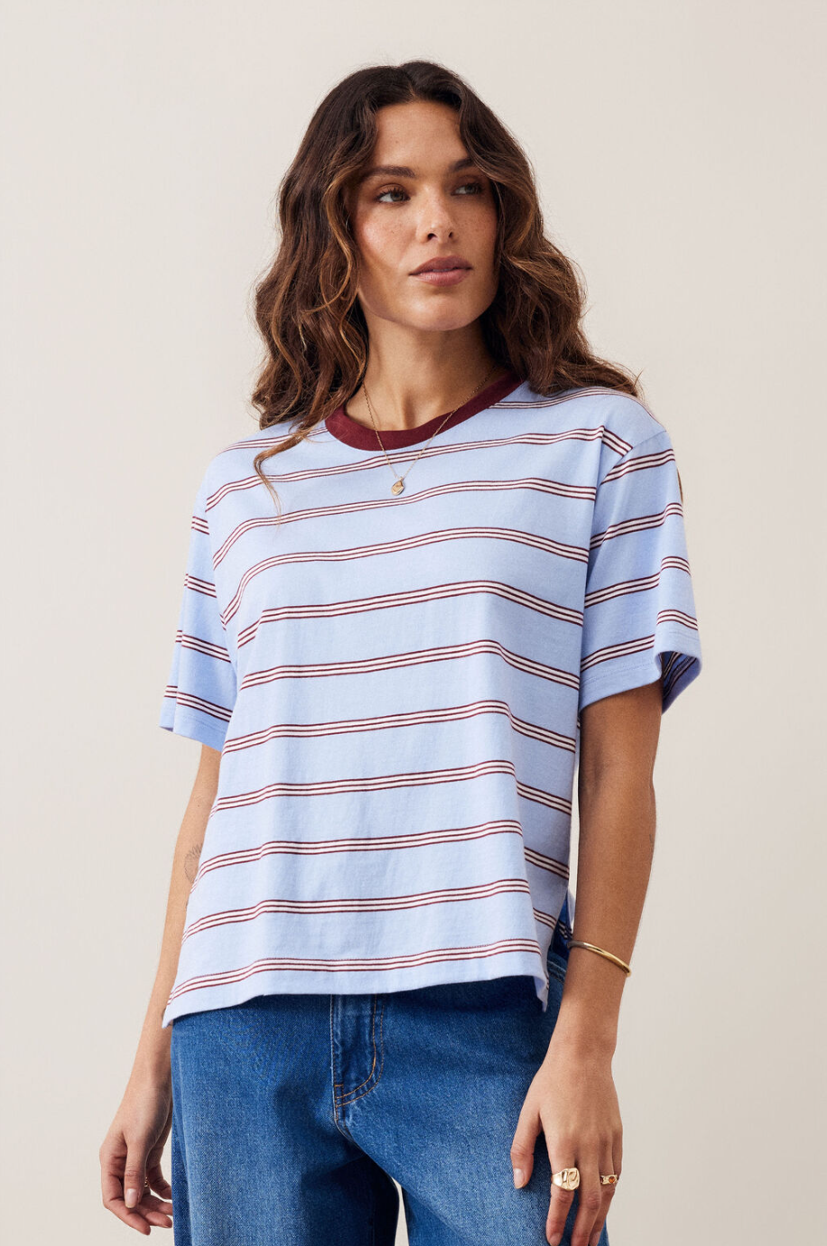 Stevie Slouchy Tee - China Blue/Mulburry White Stripe