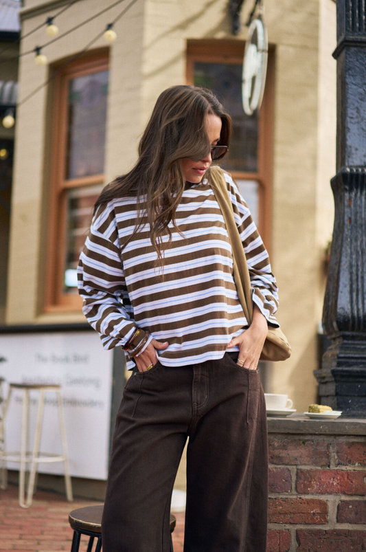 Beau Long Sleeve Slouchy Tee - Cocoa Sky Blue Stripe