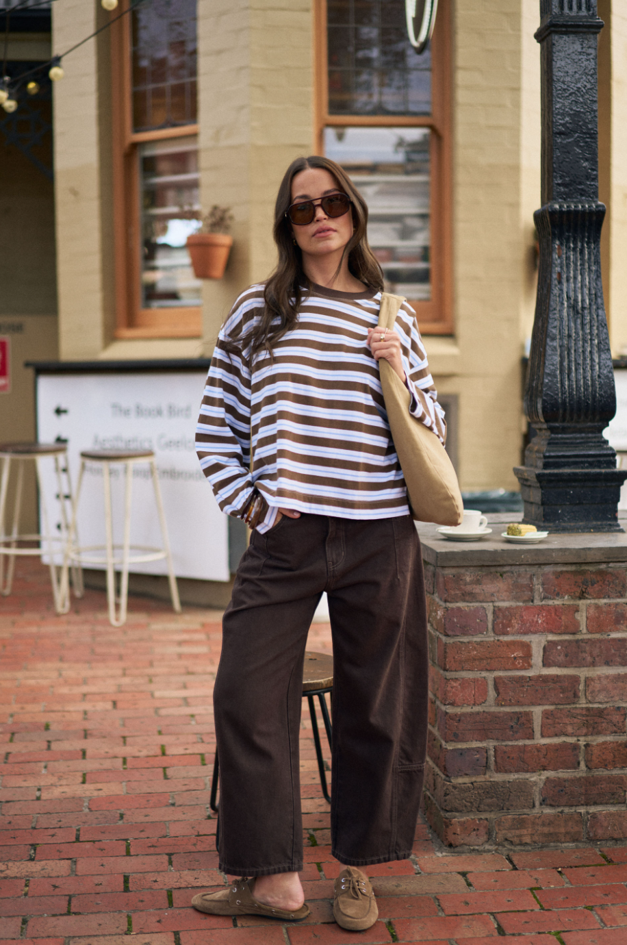 Beau Long Sleeve Slouchy Tee - Cocoa Sky Blue Stripe