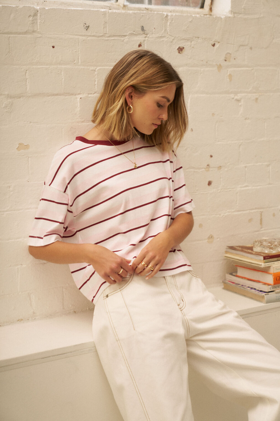 Brea Boxy Tee - Sunfaded Pink/Mulburry Stripe