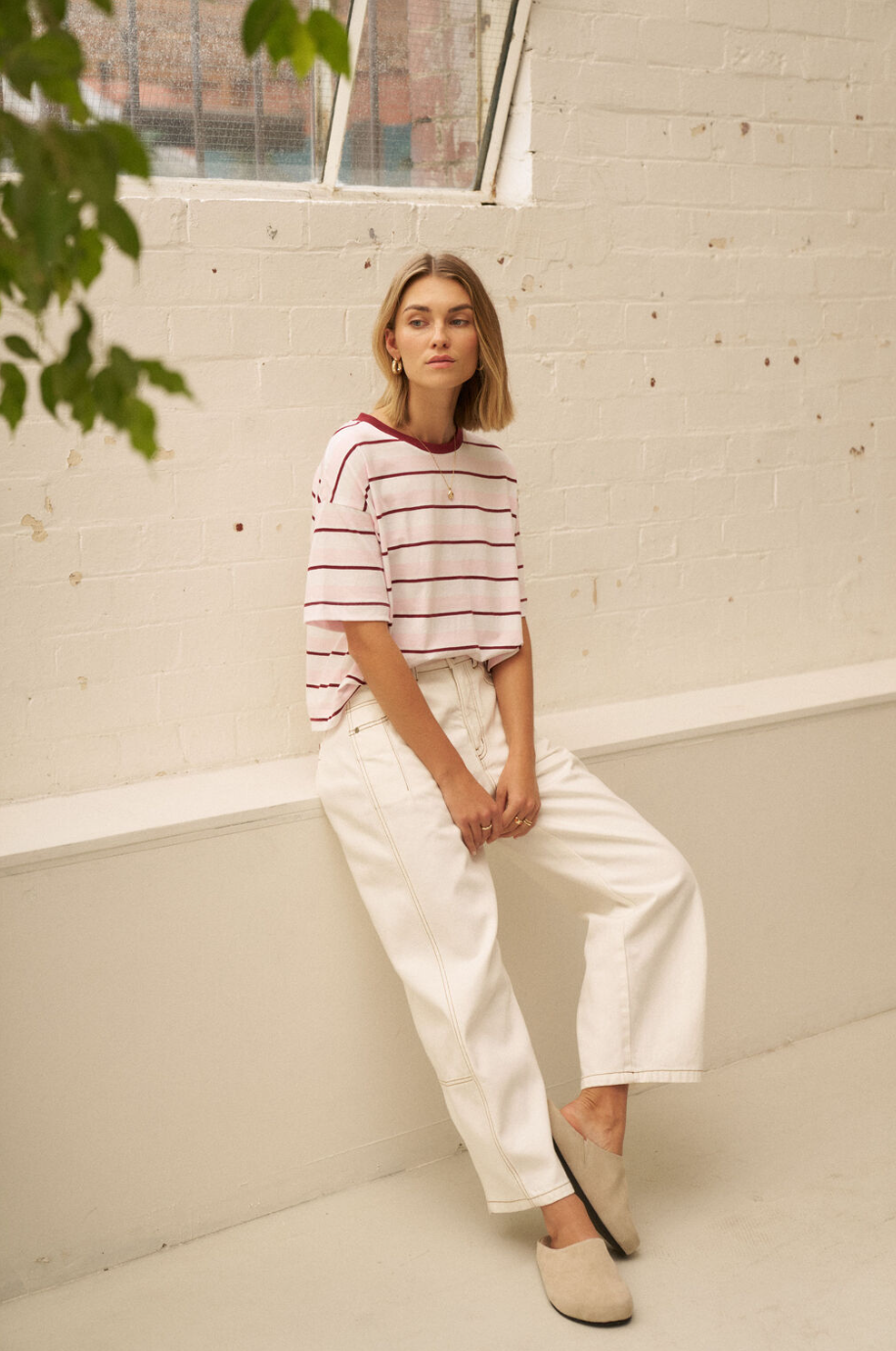 Brea Boxy Tee - Sunfaded Pink/Mulburry Stripe