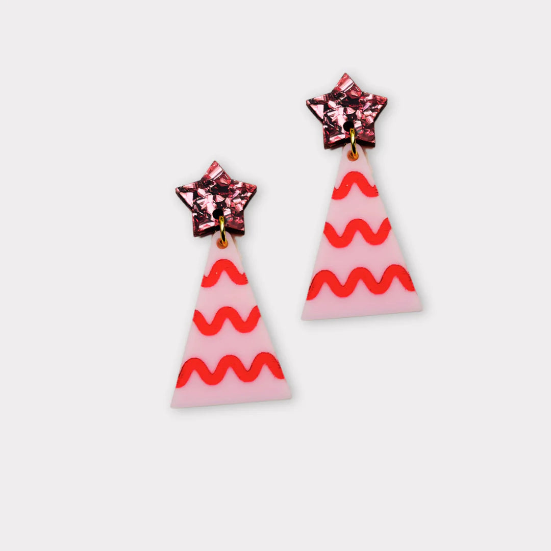 Christmas Tree Earrings - Wavy Pink / Red